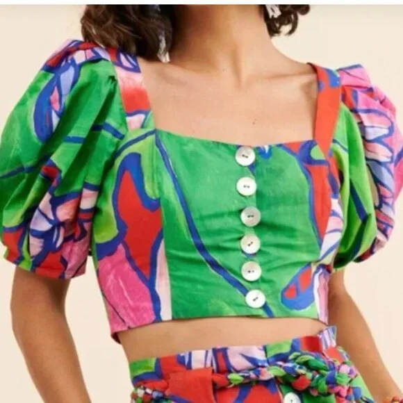 FARM Rio Tropical Bunch Crop Top Multicolored Puff Sleeves Womens Size Small - Picture 9 of 10
